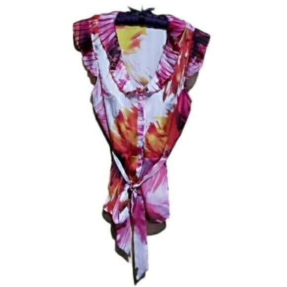 Fiery Tropical Ruffle Pleated Cap Sleeve Deep Scoop Tie Waist Top Sz PL - Picture 5 of 9